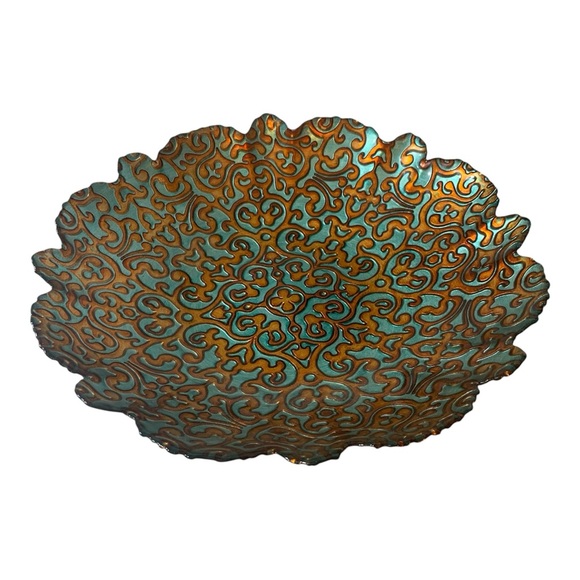 ArdaCam Hand Painted Turquoise & Bronze Glass 12” Round Serving Platter Bowl - Picture 14 of 16
